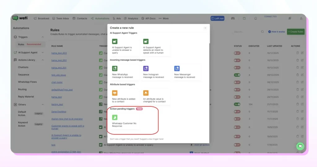 Automation rules screen highlighting a trigger for detecting when a WhatsApp customer does not respond to a message.