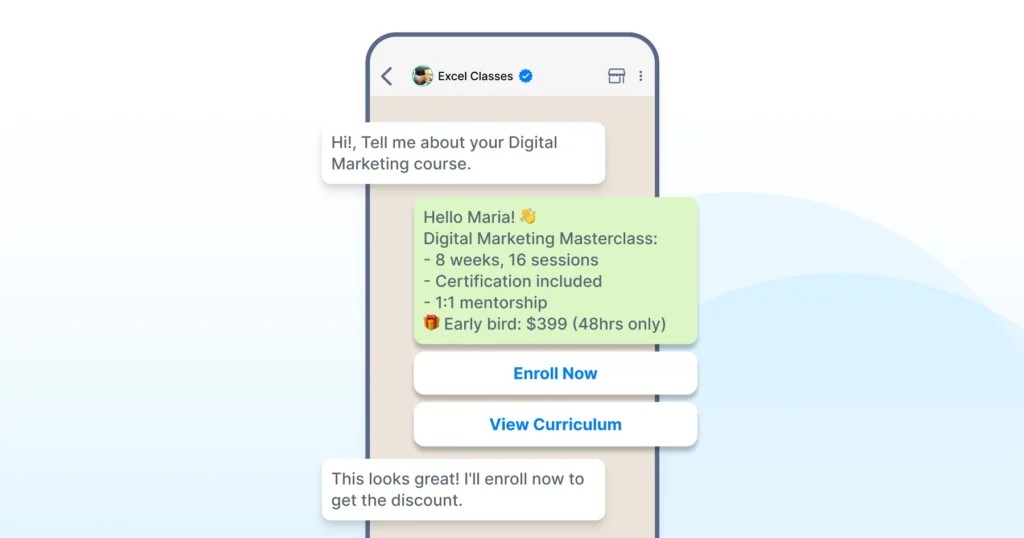 A lead generation WhatsApp message promoting a digital marketing course with clear course details and a call to action