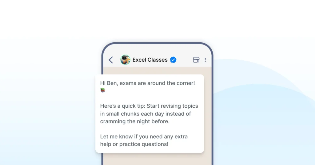A short WhatsApp message sharing a quick exam tip to help students revise or prepare better