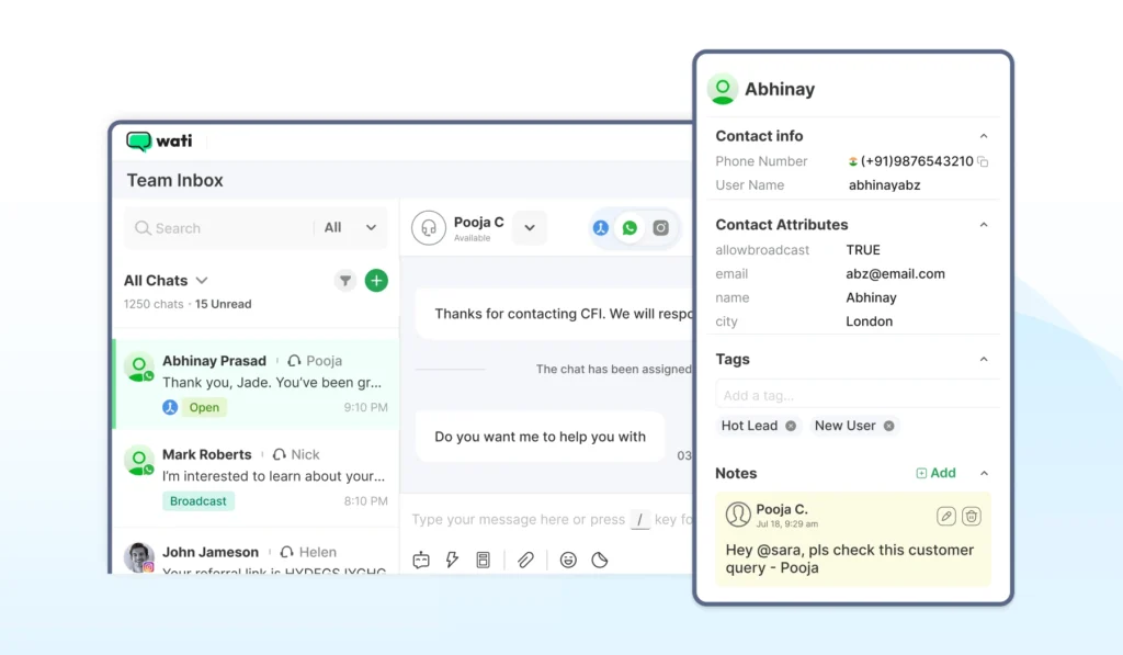 Wati’s shared team inbox showing customer support agents providing human assistance to students and parents on WhatsApp