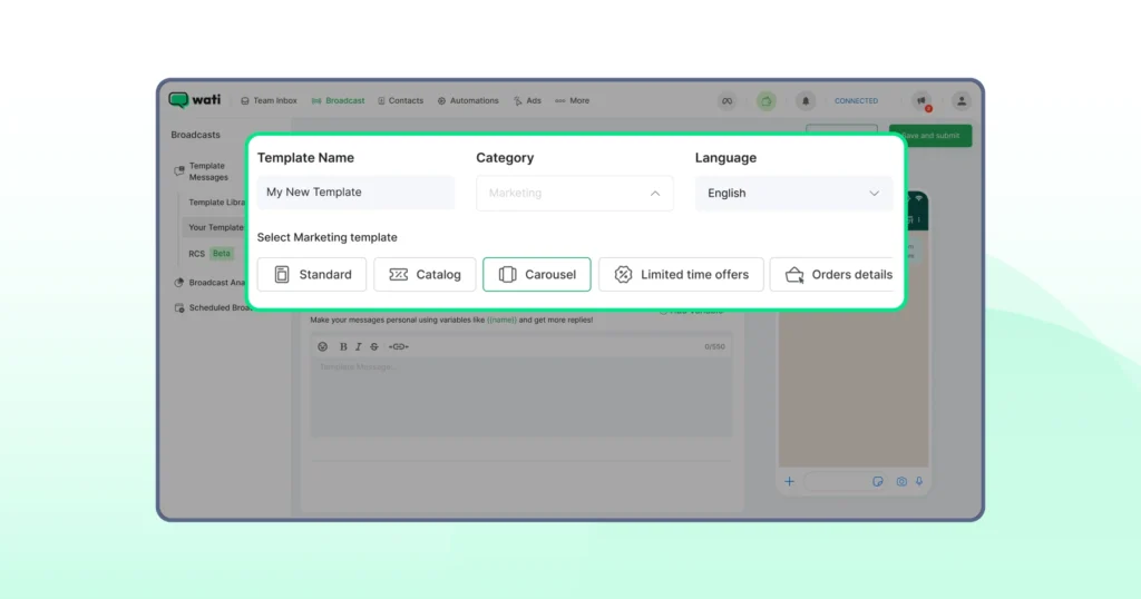 Creating a new WhatsApp message template inside Wati, showing the approval workflow and template structure