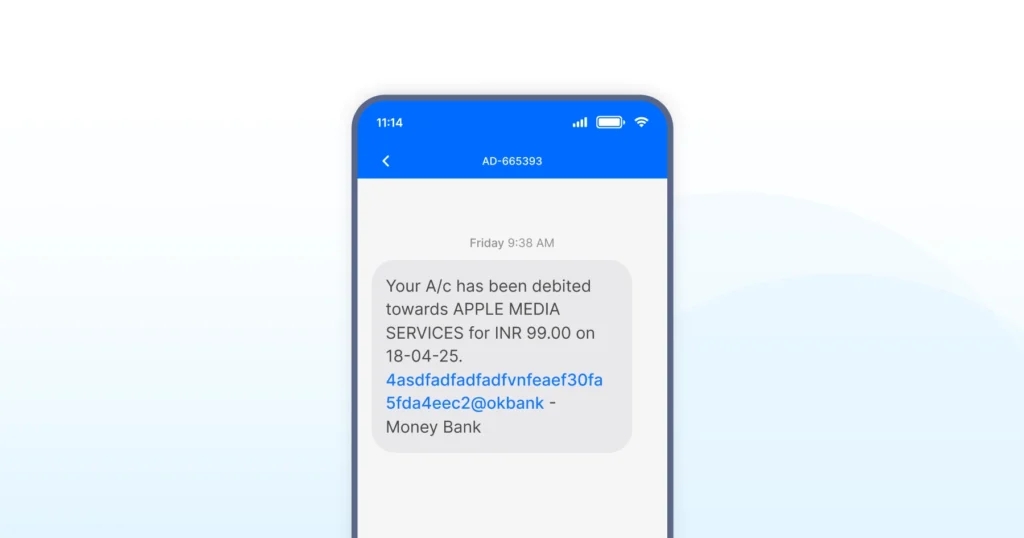An SMS alert showing a recent debit transaction, notifying the user about money deducted from their bank account.