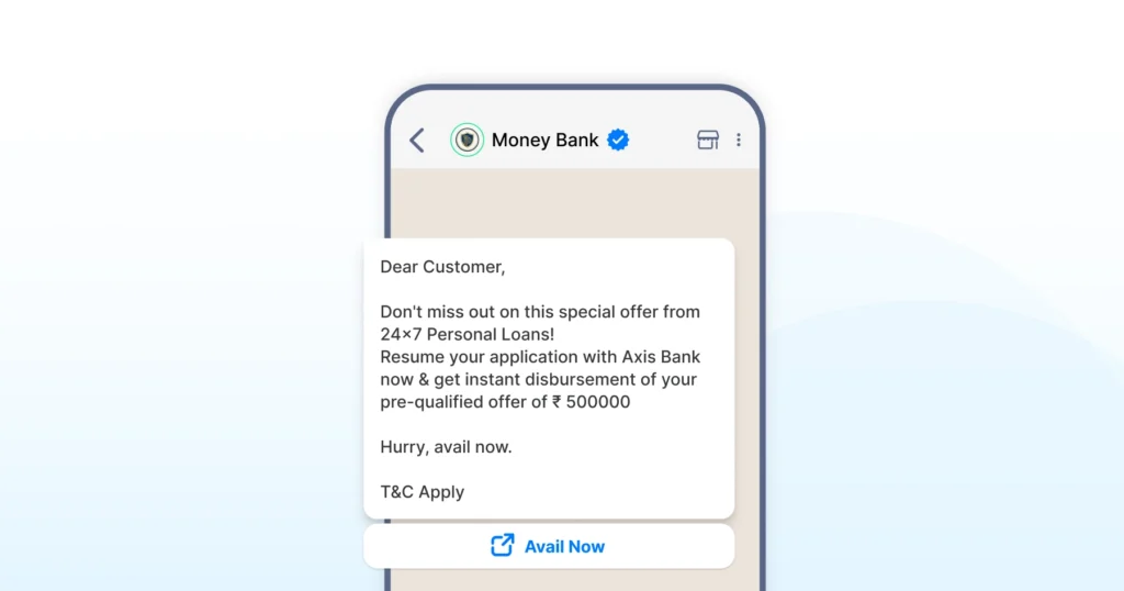 A WhatsApp message from the bank guiding a user through a personal loan application, including eligibility and next steps.