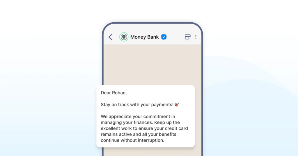 A friendly bank reminder message highlighting an upcoming credit card payment due date with instructions to make the payment on time.