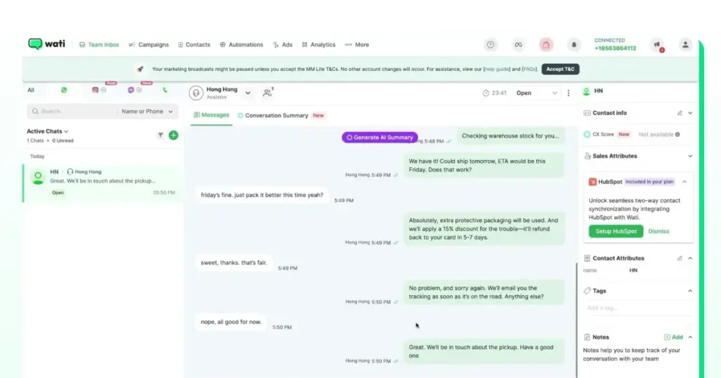 Screenshot of a Wati chat thread with messages, an AI-generated summary button, and customer attributes displayed on the right panel.