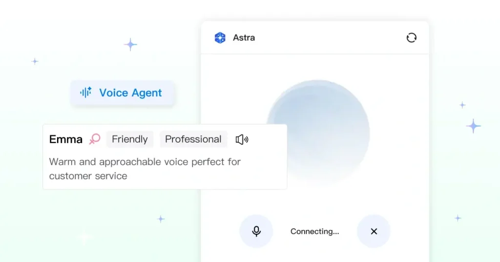 Visual of Astra’s voice agent window showing a circular animation and a selected voice profile labeled “Emma” with friendly and professional voice indicators.