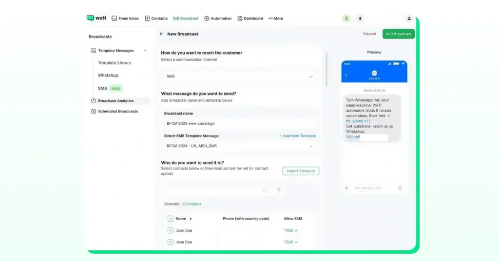 Screenshot of Wati’s SMS broadcast dashboard showing template selection, contact list, and a preview of the outgoing SMS message.