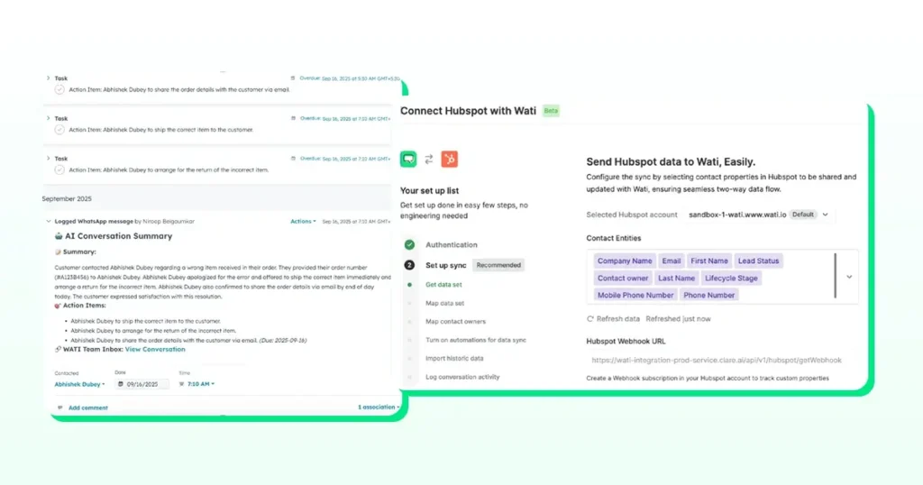 Screenshot showing HubSpot tasks on the left and Wati’s integration panel on the right, listing available contact fields and webhook URL settings.