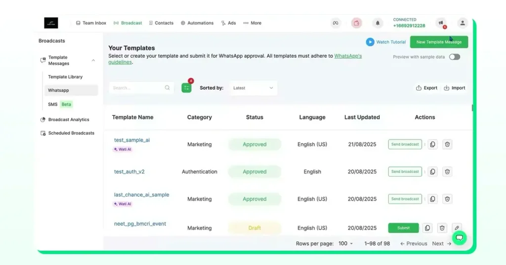 Screenshot of the Wati WhatsApp template library showing approved templates, categories, languages, last update dates, and broadcast action buttons.