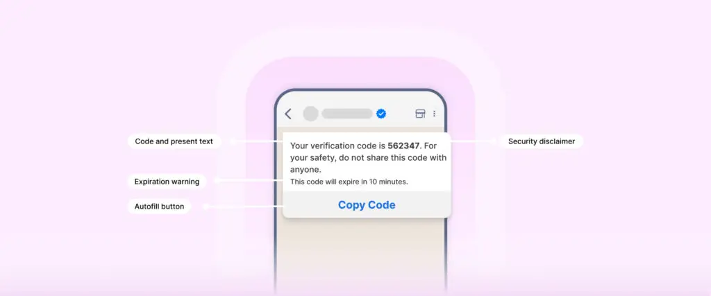 WhatsApp one-time password message showing a verification code with expiry notice and copy button for secure login.