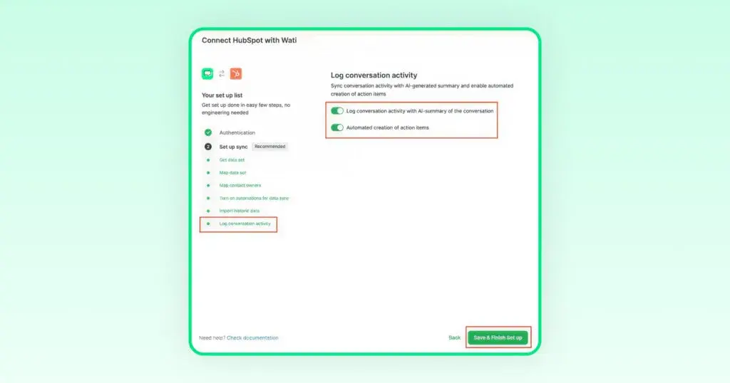 HubSpot integration setup screen in Wati showing options to log WhatsApp conversation activity, enable AI-generated summaries, and automatically create action items during CRM sync.