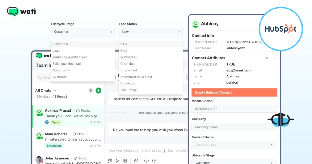 Wati team inbox with a customer chat open and HubSpot contact details visible on the side, showing lead status and lifecycle stage selection.