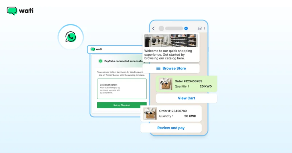 WhatsApp chat interface showing a shopping flow with product browsing, cart summary, and payment review inside the conversation.