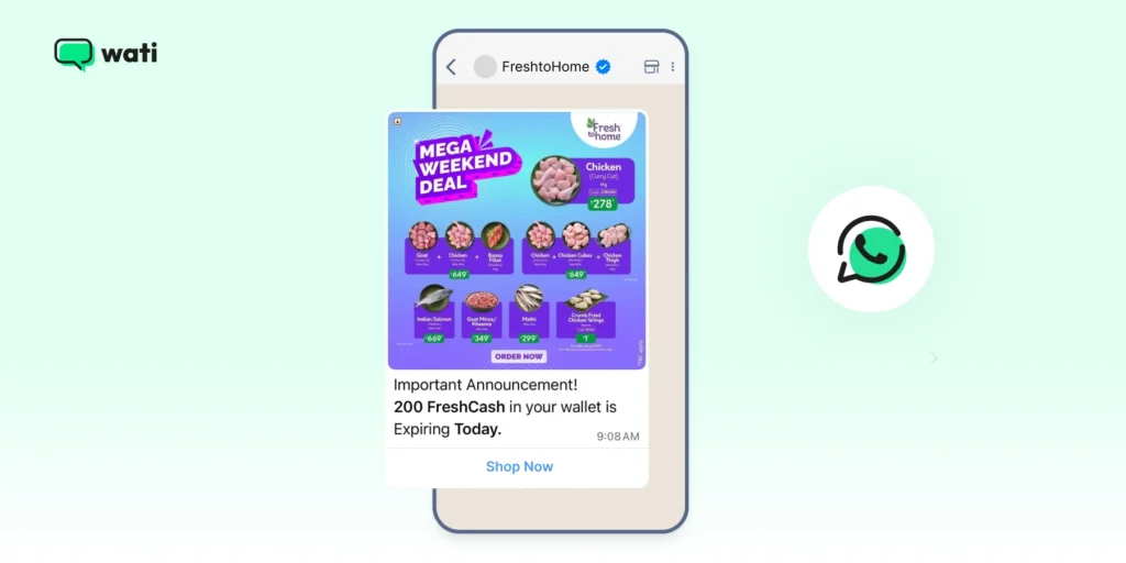A promotional WhatsApp message showing a weekend offer with product images, pricing, and a shop now button inside a verified business chat.