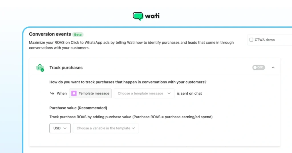 A settings screen for tracking purchases from WhatsApp conversations, including options to map message templates to conversion values.