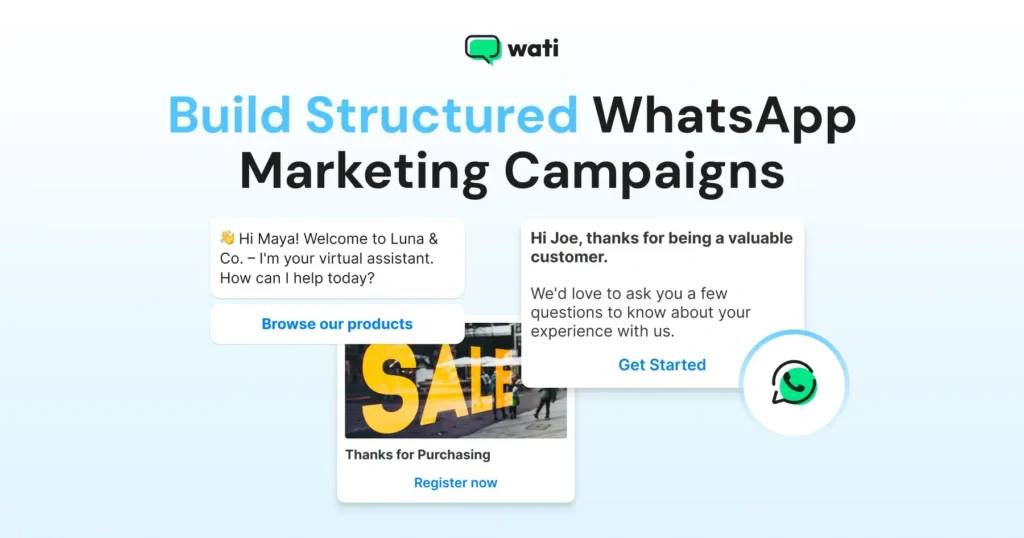 A hero banner illustrating structured WhatsApp marketing messages such as welcome chats, feedback requests, and product browsing prompts.