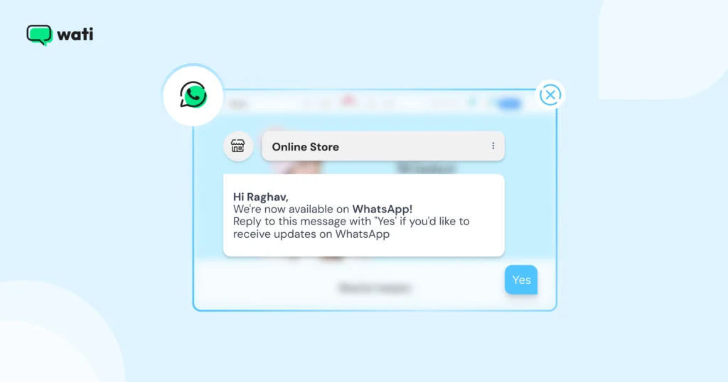 A WhatsApp opt-in message asking a user to confirm subscription by replying yes, shown inside a business chat interface.