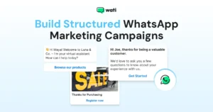 A hero banner illustrating structured WhatsApp marketing messages such as welcome chats, feedback requests, and product browsing prompts.