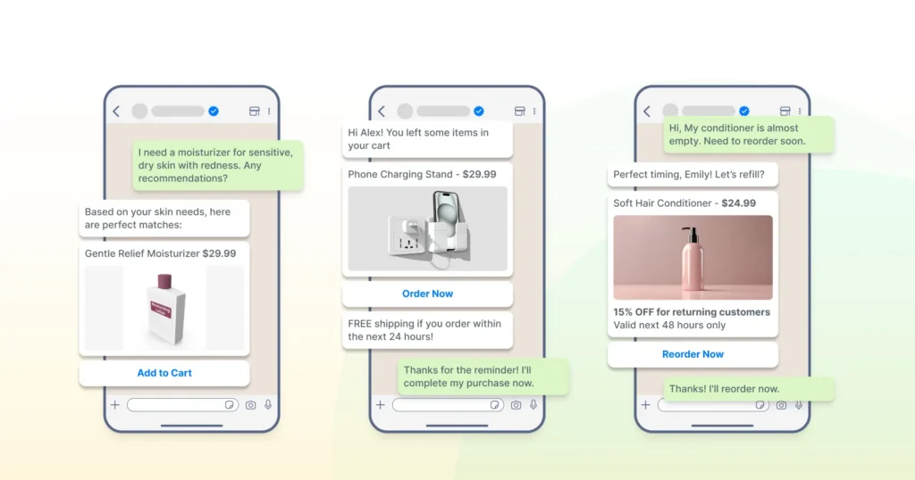 Screenshots from WhatsApp marketing chats with CTAs and interactive buttons 