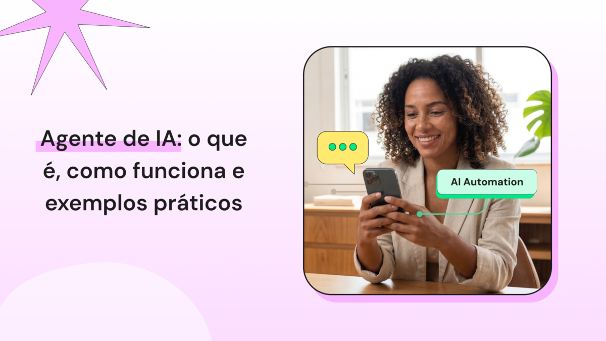Ilustração sobre agente de IA com mulher usando celular, balão de conversa e destaque para automação por inteligência artificial.