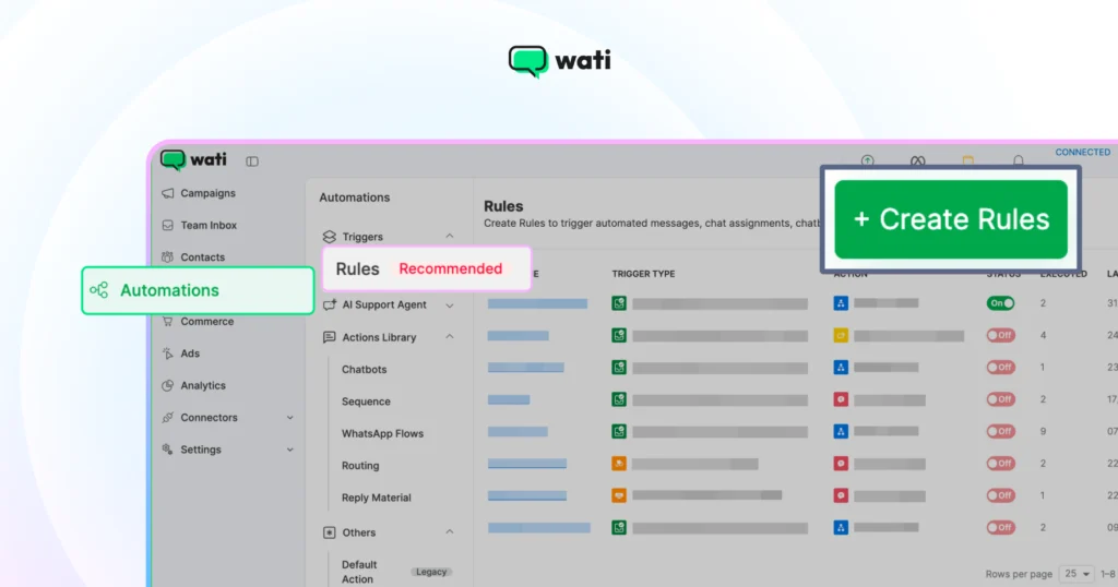 In the Automation section, choose Rules and then select Create Rules on Wati 