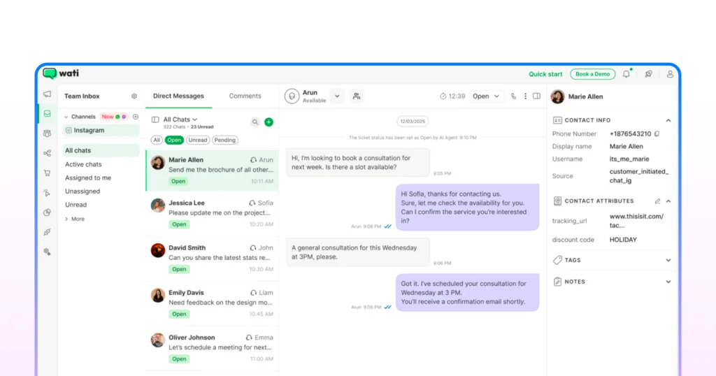wati's centralized inbox to view comments, reply to dms, run whatsapp conversations