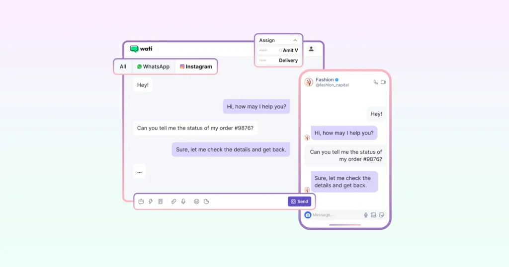 shared team inbox for Instagram interface on Wati along with WhatsApp capabilities 