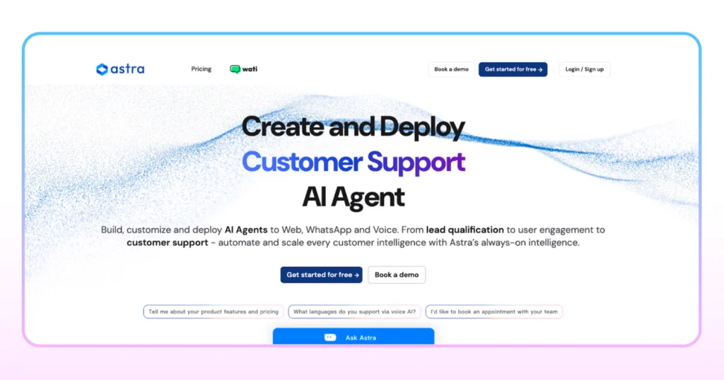 The homepage of Astra, one of the best voice AI agents for WhatsApp-first businesses in the market. 