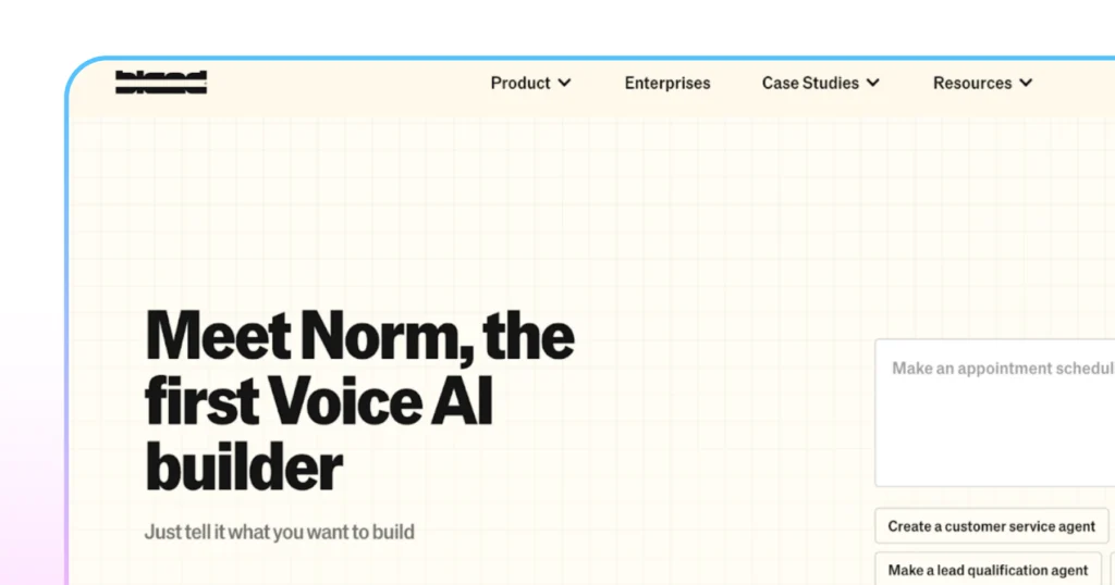 The homepage of Bland AI which promotes it's AI agent, Norm. 