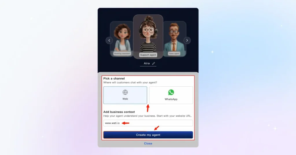 multi-channel deployment of different ai agents (Sales, support, FAQ) across web and whatsapp