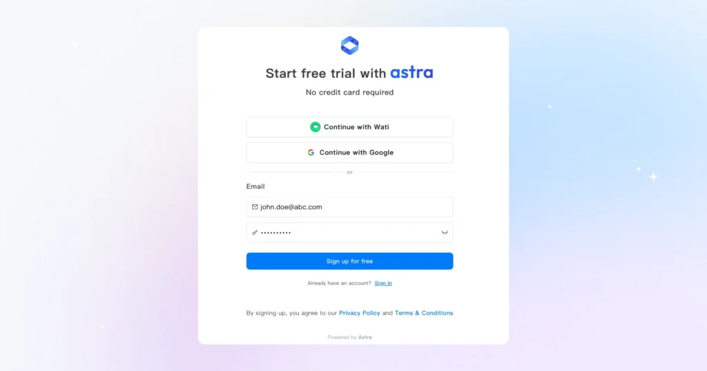 Sign up page for Astra with option to login via Wati and Google