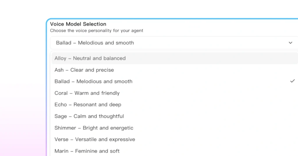 Voice model options to choose from on Astra 
