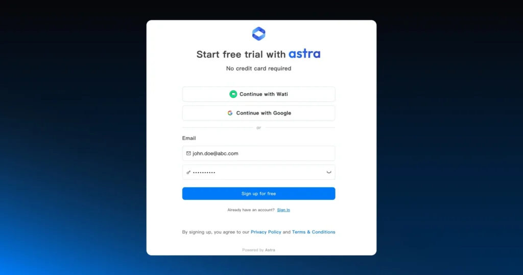 Free trial graphic for Astra with Google and Wati sign up options