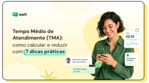 Pessoa usando celular com elementos visuais sobre atendimento via WhatsApp e indicador de Tempo Médio de Atendimento (TMA) em destaque.
