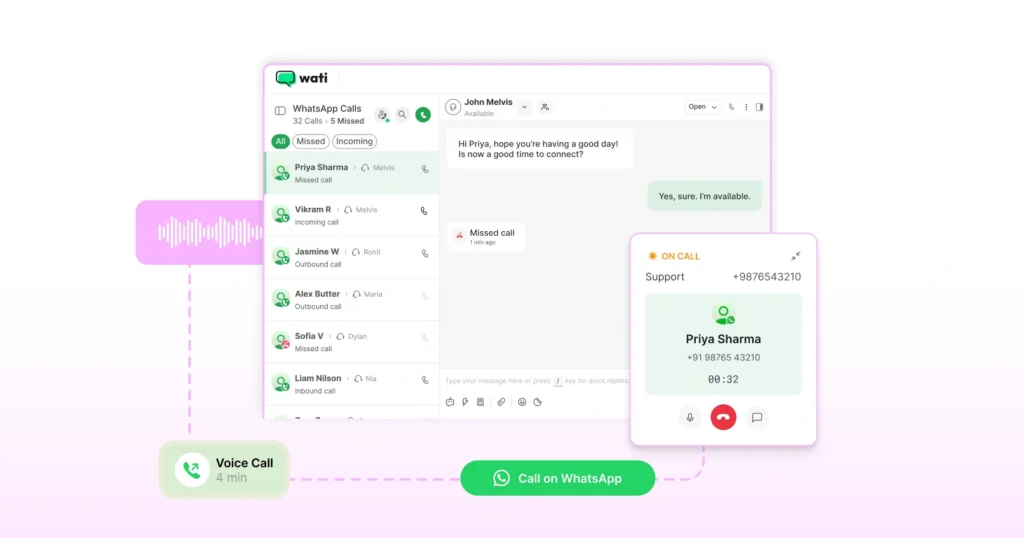 Wati's interface for WhatsApp Business Calling inside the team inbox