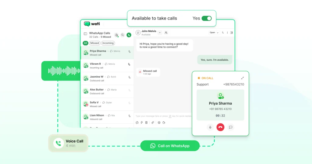 WhatsApp Business Calling interface on Wati with access to chat and more.
