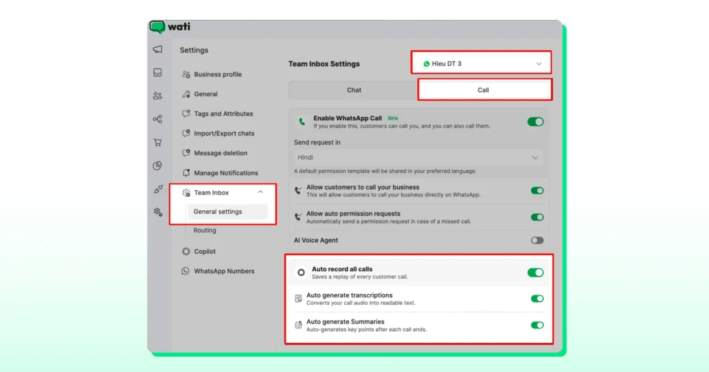 Toggle the button to auto record all calls and generate transcriptions