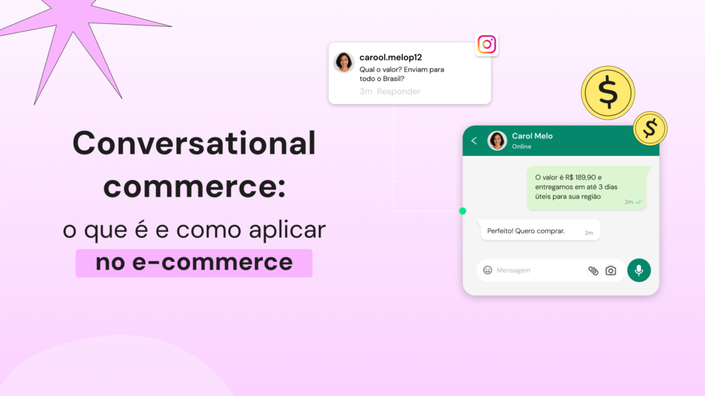 Ilustração sobre conversational commerce com conversa no WhatsApp, comentário do Instagram e elementos de compra online.