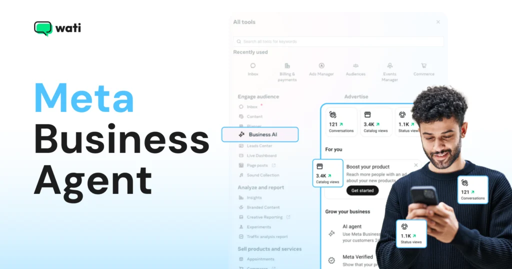 Meta Business Agent setup screen showing Business AI option in Meta Business Suite tools menu
