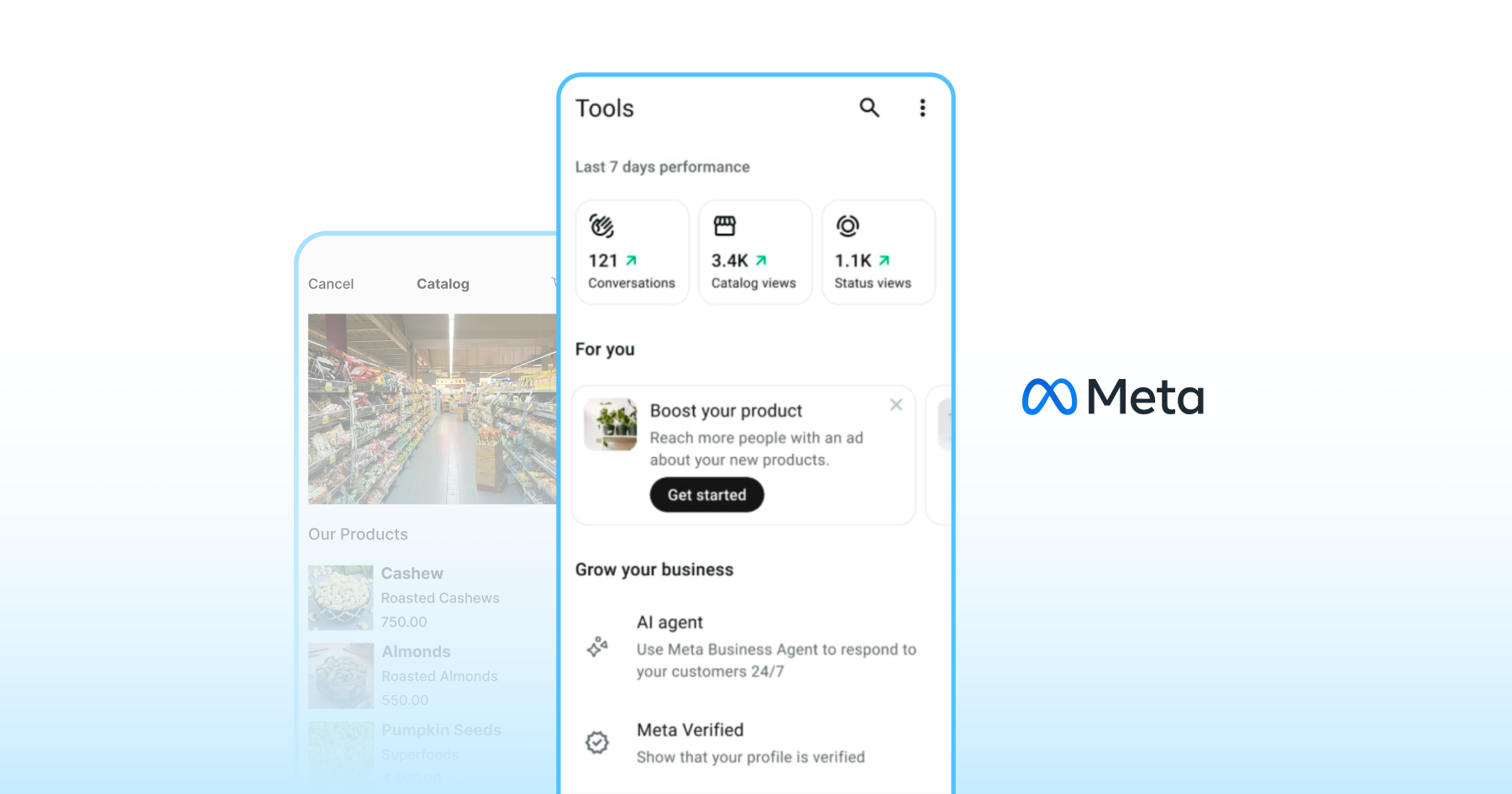 WhatsApp Business app Tools screen showing AI agent setup option alongside a grocery store product catalog.