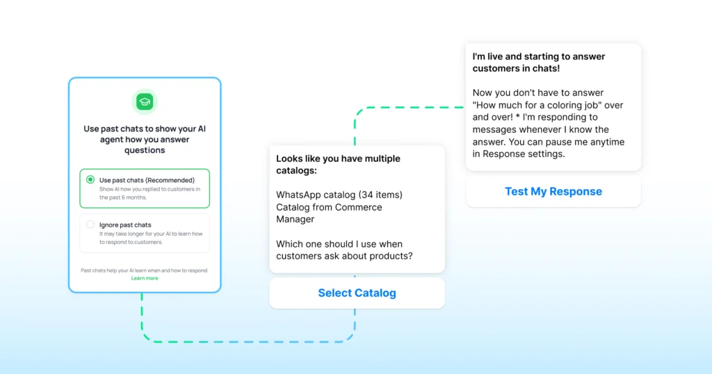 Meta Business Agent setup flow showing past chat training, catalog selection, and agent going live confirmation.