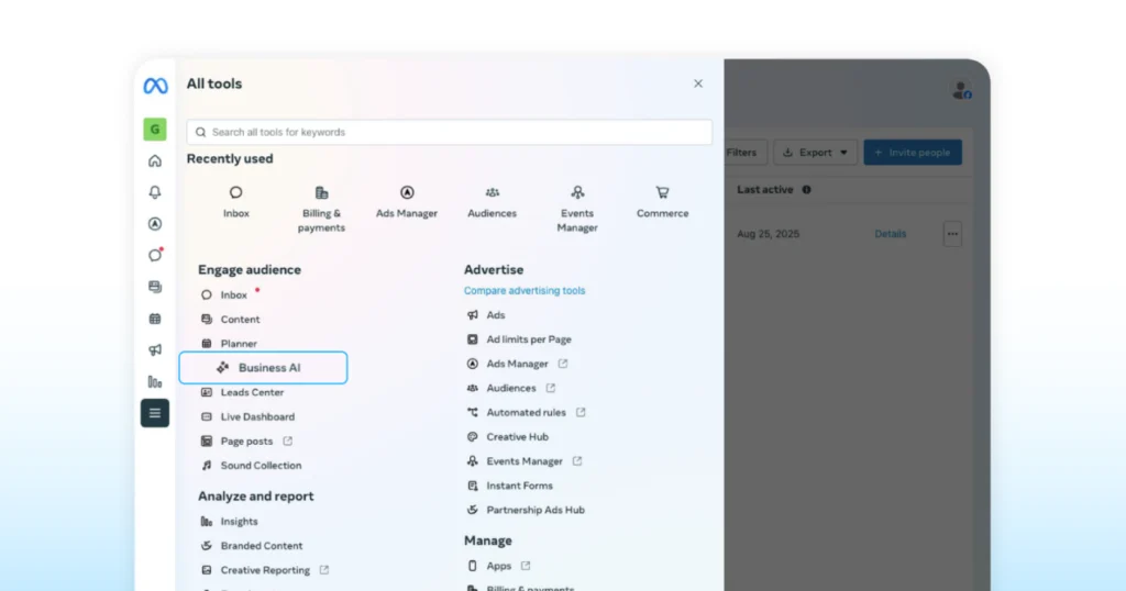 Meta Business Suite All Tools menu with Business AI highlighted under Engage Audience section.