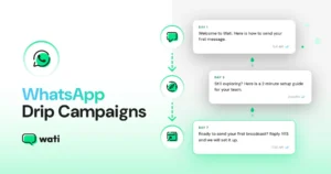 Illustration of a WhatsApp drip campaign with automated messages sent on Days 1, 3, and 7.