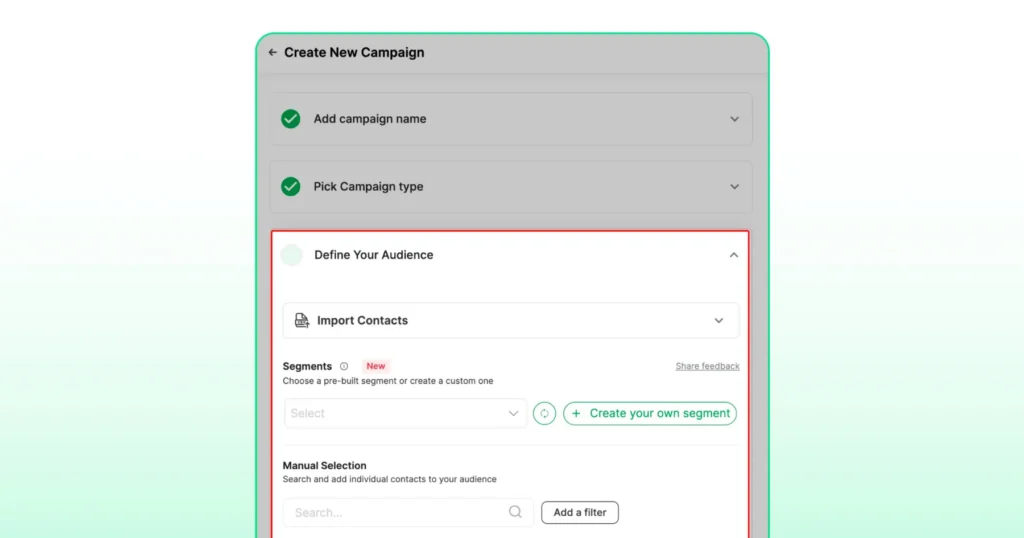 Campaign audience selection screen with contact import, segments, and manual contact selection