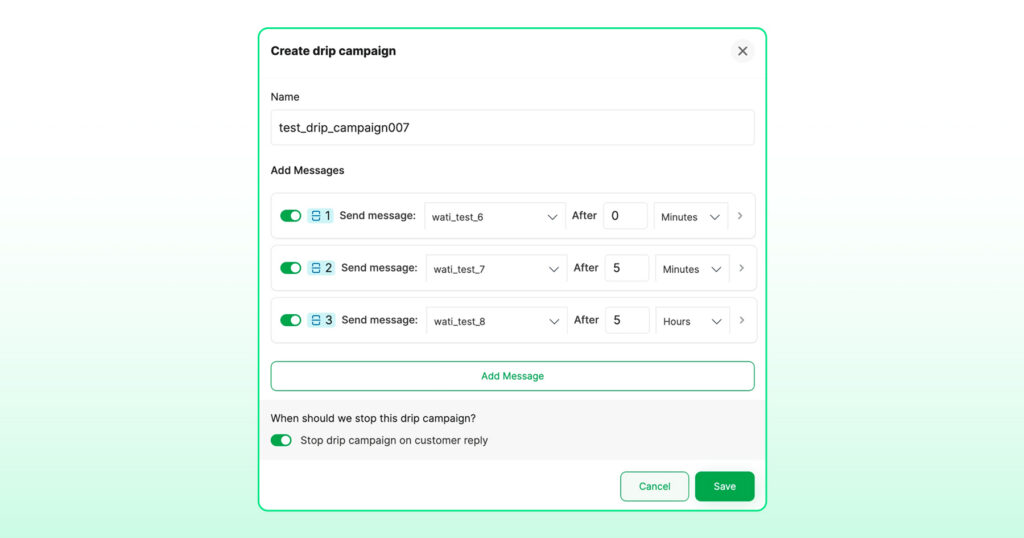 Create drip campaign setup screen showing message sequence, timing, and stop-on-reply settings