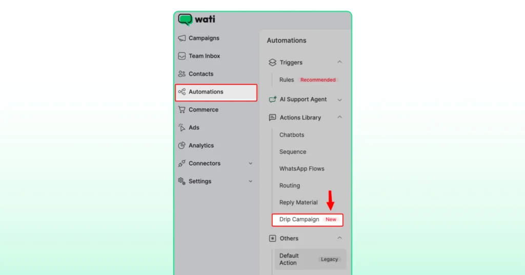 Wati navigation showing the Drip Campaign option under Automations