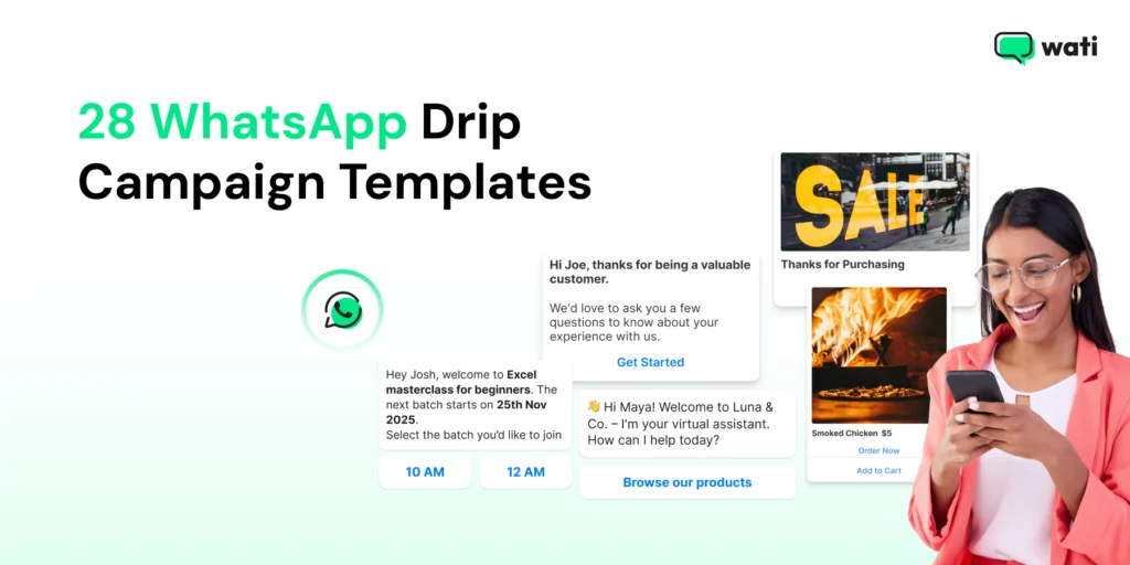 Illustration promoting WhatsApp drip campaign templates, featuring automated WhatsApp messages for onboarding, appointment scheduling, customer feedback, product recommendations, and promotional offers, alongside a customer using a smartphone.