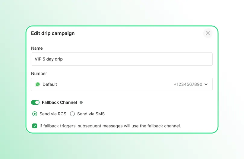 Edit drip campaign dialog showing Fallback channel toggle on with Send via RCS option , and If fallback triggers, subsequent messages will use the fallback channel options selected