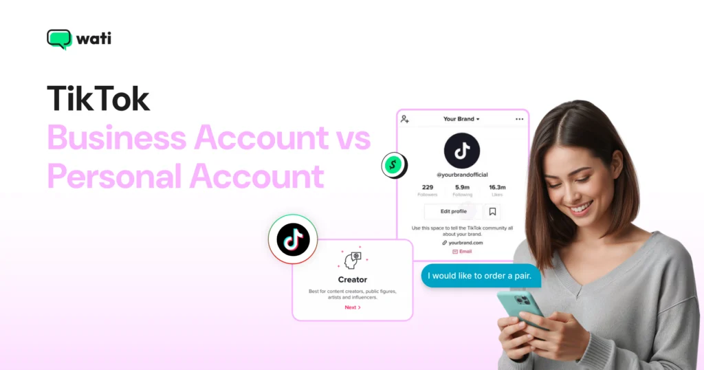 Illustration comparing TikTok Business and Personal accounts, showing a business profile, creator account setup, customer messaging, and a user engaging with TikTok on a smartphone.