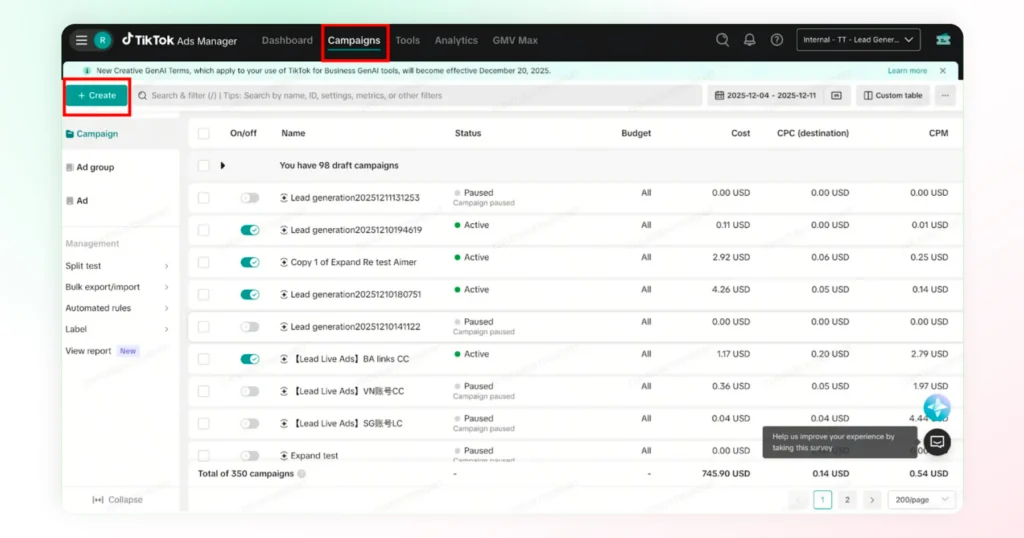 The image shows campaign dashboard inside Tiktok